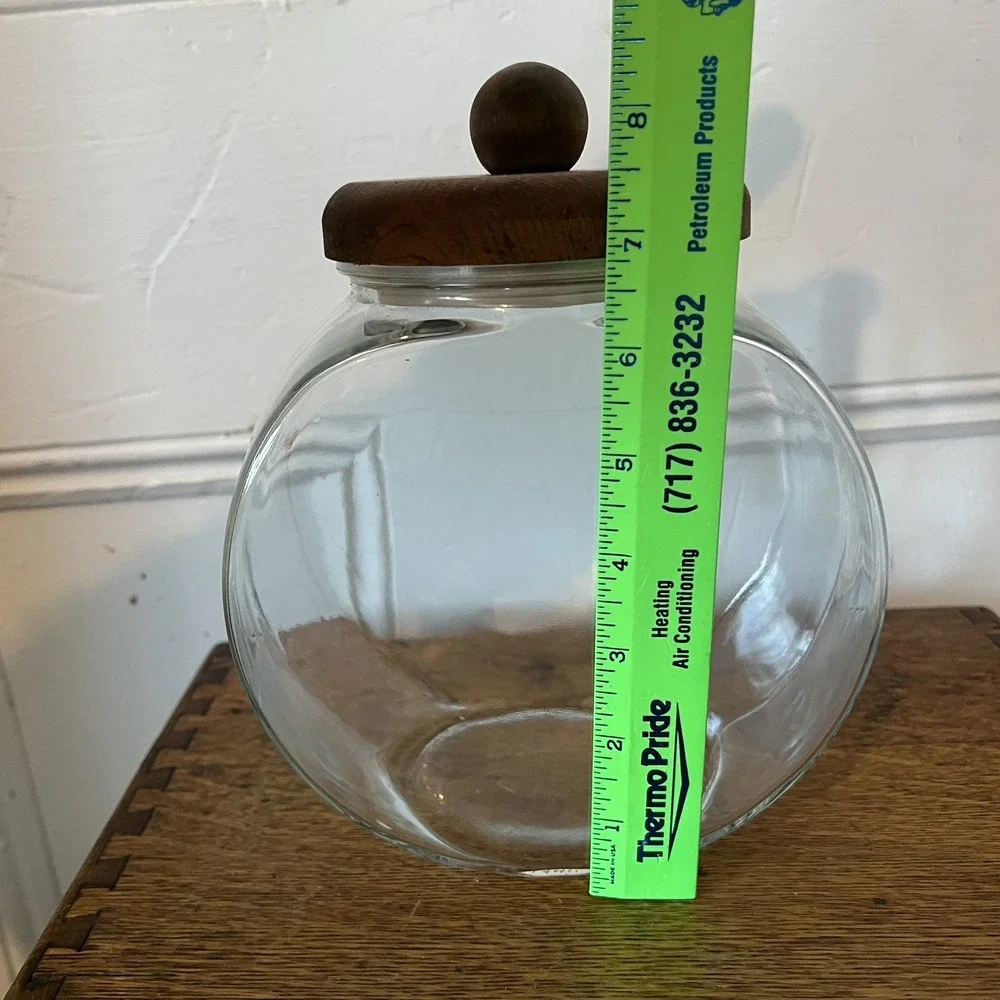 Vintage Round Glass Canister Storage Jar Wood Lid Ball Knob 1960s Clear